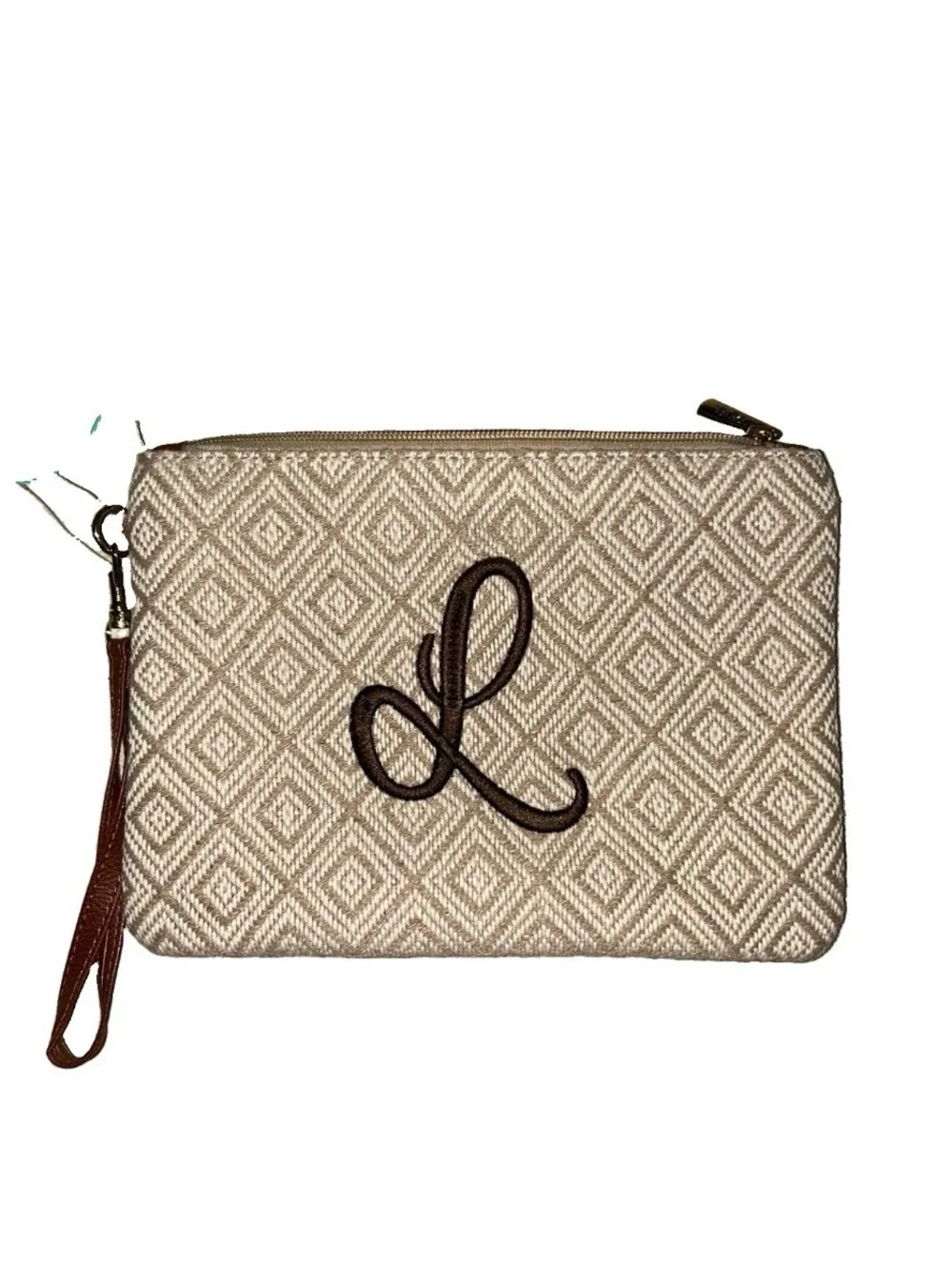 Viv & Lou Tan & Taupe Diamond Pattern Wristlet With Personalized Embroidered “L”